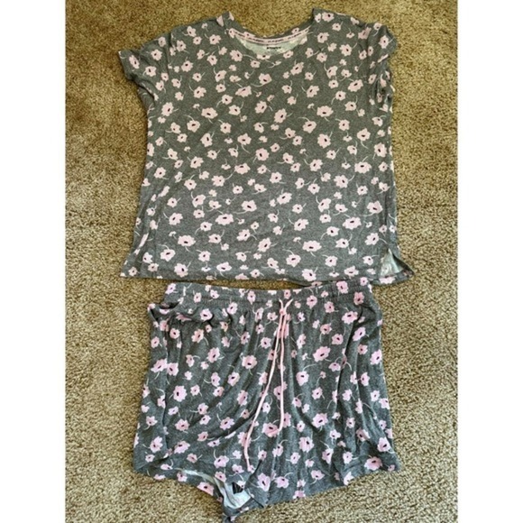 Joyspun‎ Pajama Set Sleepwear Floral Print Lounge Wear Shorts Gray Pink Size L - Picture 1 of 4
